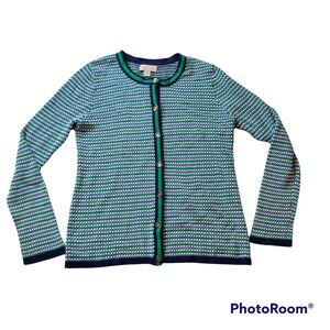 Appleseeds Womens M Lightweight Cardigan Sweater Blue Green Striped Dot